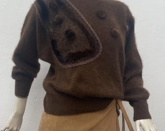 a/1 VINTAGE WOOL SWEATER| Brown wool vintage sweater | Embroidered Brown Wool sweater| Luxury fashion vintage sweater| vintage pullover