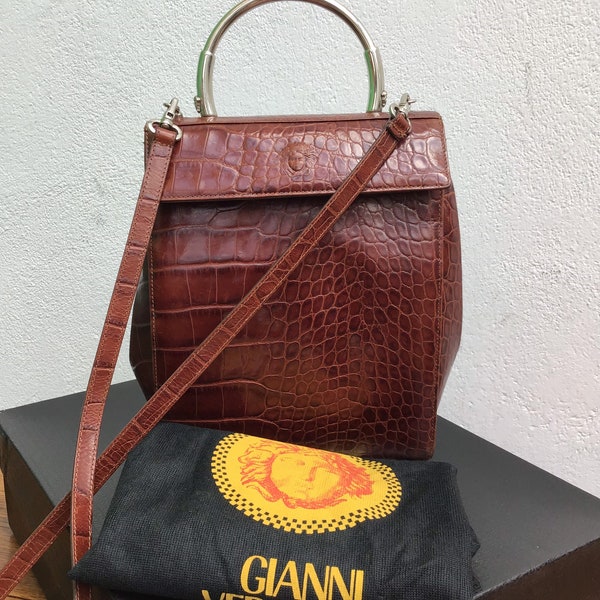 A/1 GIANNI VERSACE -Leather shoulderbag | Brown printed croc bag| Fashion vintage Versace bag | Rare leather Versace