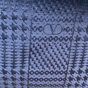 May include: Close-up of a textured, navy blue fabric with a repeating geometric pattern. The fabric appears to be woven, with a subtle sheen. The design is intricate and detailed, creating a visually interesting surface.