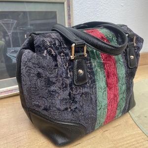 GUCCI VINTAGE-TOP-GRIFF | Gucci-Handtasche aus Samt und Monogramm | Seltene Vintage-Handtasche von Gucci | Leder und Monogrammstoff Gucci|Fashion Vintage Handtasche