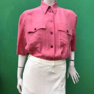 f/1 VINTAGE CORAL Silk Shirt| Vintage fashion Silk Blouse|  Safari style Silk shirt| Coral Silk Safari Shirt| Coral silk blouse| Coral