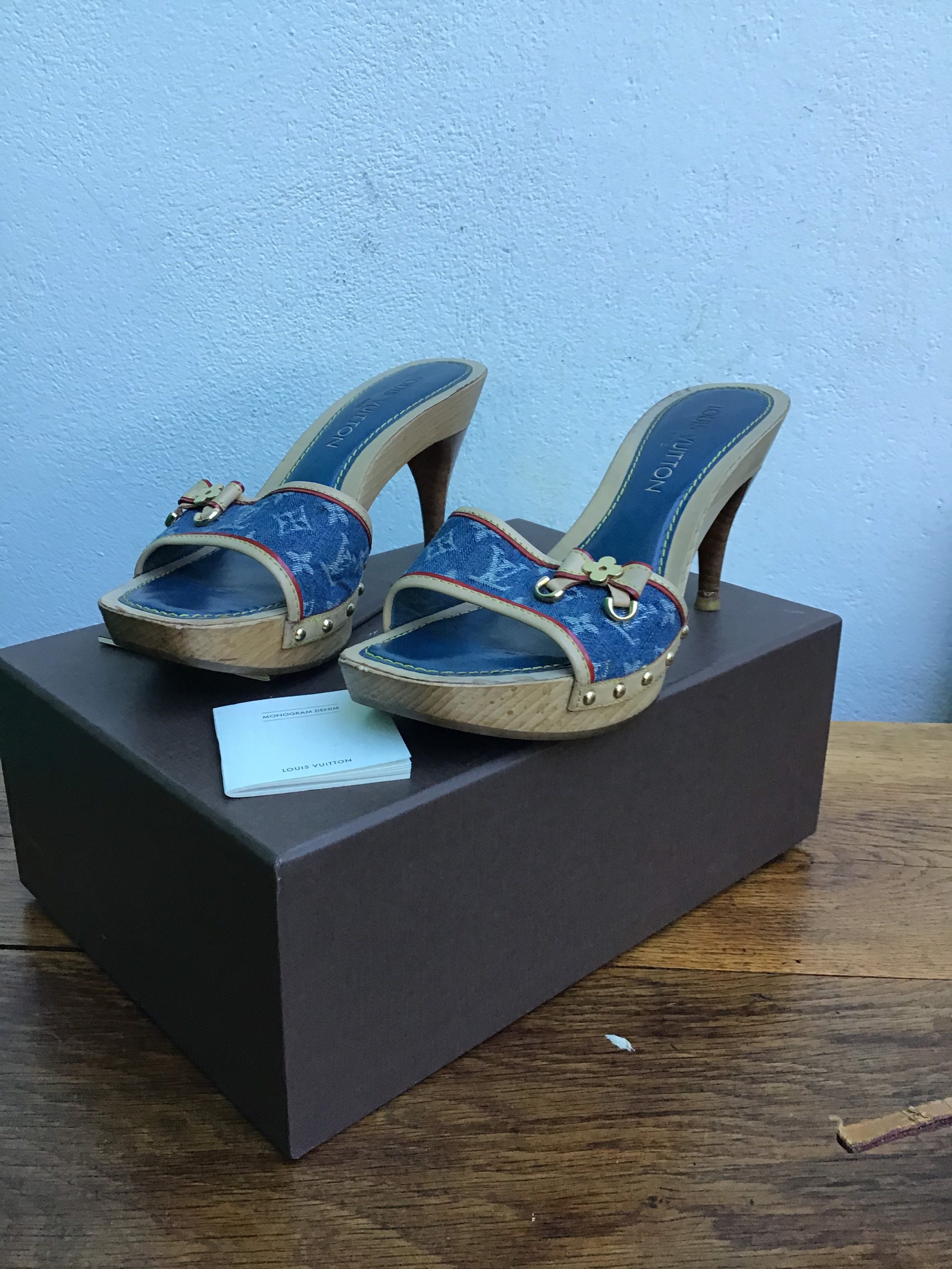 Louis Vuitton Blue Denim Monogram Denim Wood Platform Sandal Heels