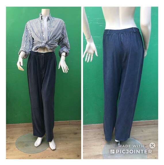 BLUE SILK TROUSERS Fashion Silk pants High waist
