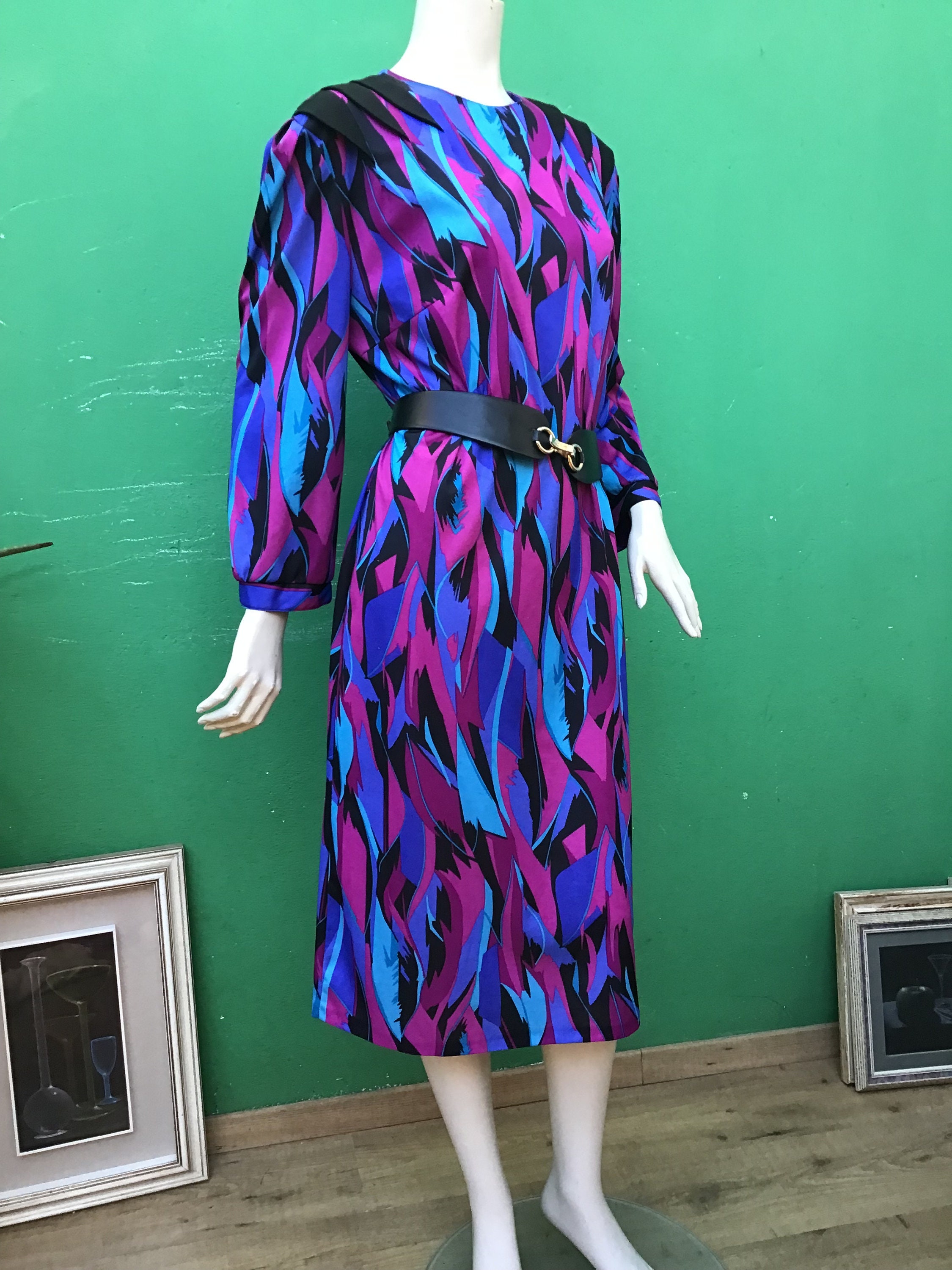 VINTAGE FASHION DRESS 70s Vintage Geometric Dress Long Sleeve