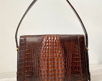 Perez Valencia vintage bag crocodile print  leather handbag tote women brown color Spain