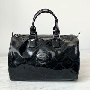 Longchamp Paris Boston Patent Echtleder Tasche Tote Luxushandtasche Schwarze Farbe Vintage