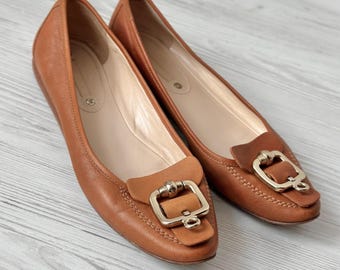 May include: A pair of brown leather flats with gold buckle accents. The shoes have a pointed toe and a low heel.