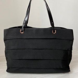 Salvatore Ferragamo AU213302 Tiered Nylon Handbag woman Shoulder Tote Bag Genuine Leather trim Italy Vintage Luxury Black Color
