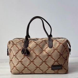 Longchamp Paris Monogram Speedy Tote Hand Bag Woman Textile with Genuine Leather Trim Canvas Brown Beige Color Luxury Vintage