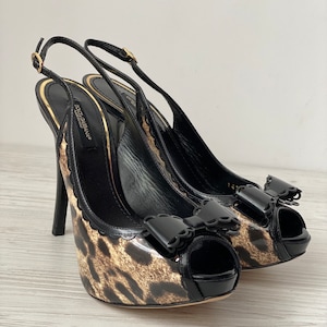 靴 D&G Leopard Rose Slingback Heels 36 Dolce & Gabbana Heels 14777 Black Leopard Print Patent Leather