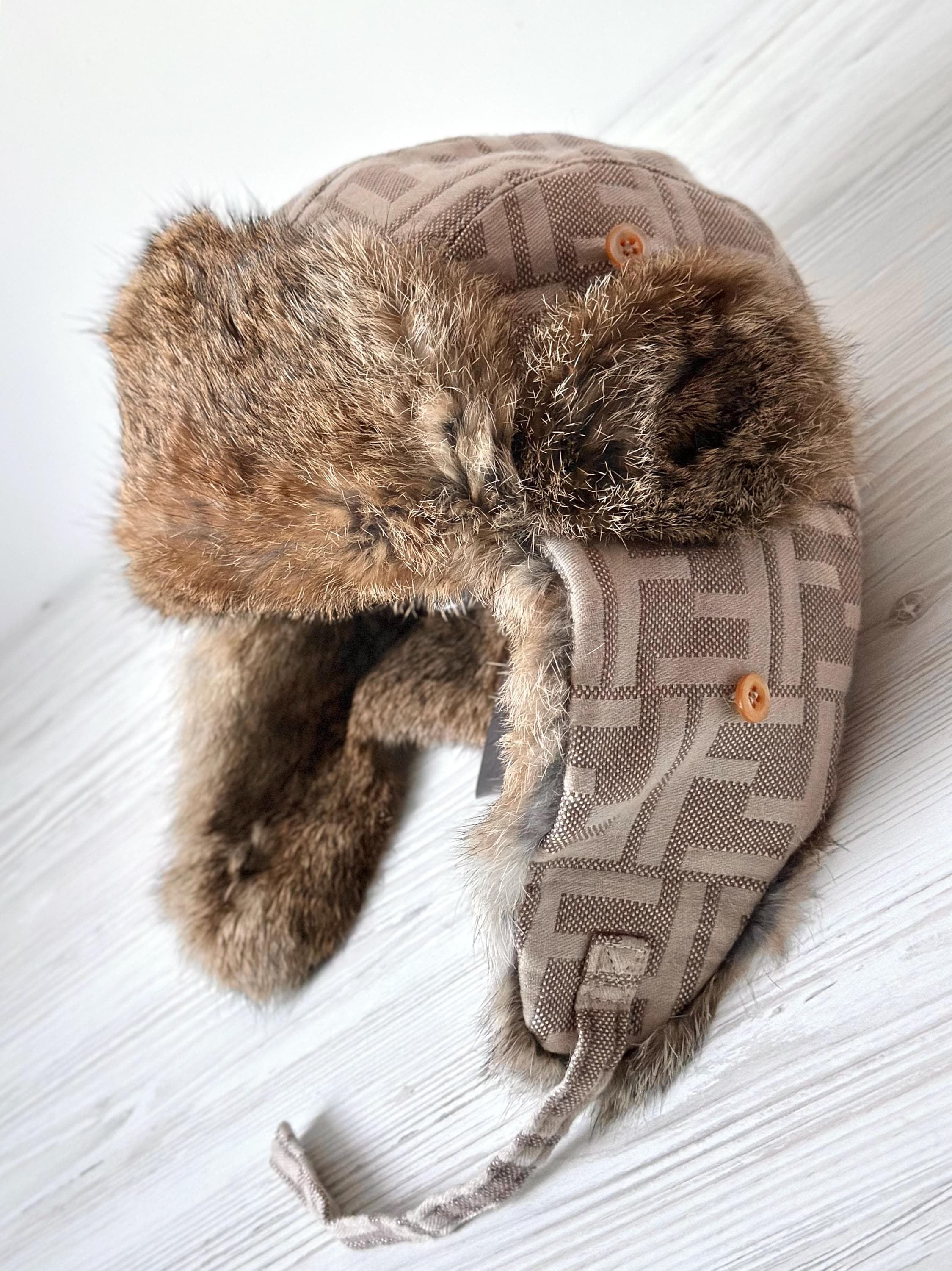 FENDI Hat Cappello Lana Monogram With Rabbit Fur Lapin Beanie Size