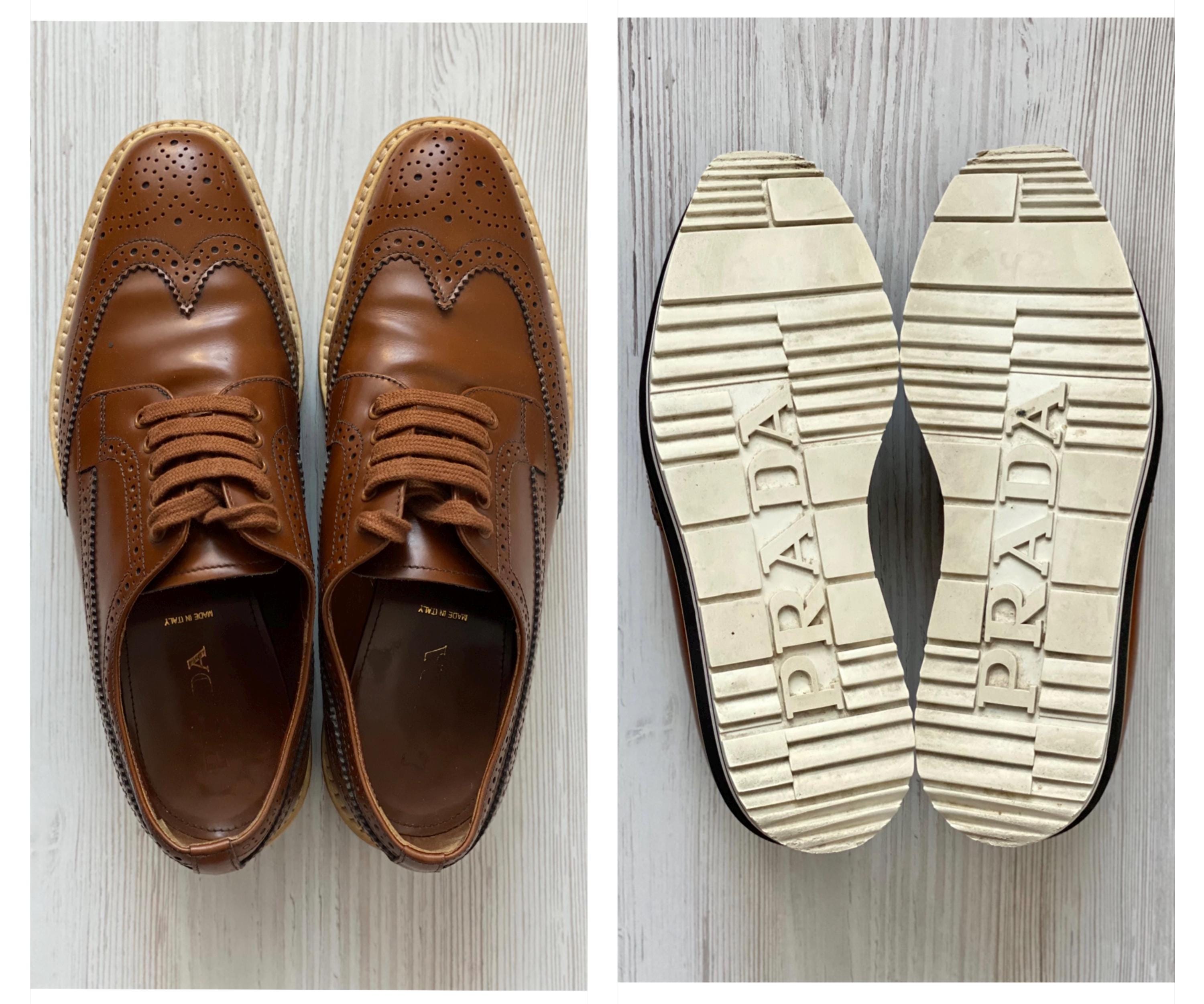 靴 vintage PRADA wing tip leather shoes PRADA Black Patent Leather Wing Tip Platform Lace-Up Oxfords