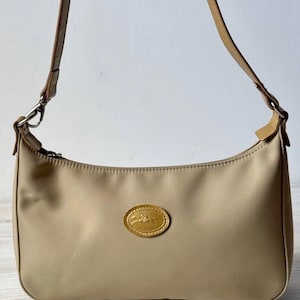 Longchamp Paris Hobo Tasche Schulter Frau Handtasche Baguette Nylon mit echtem Leder Trim Beige Farbe Frankreich Luxus Vintage