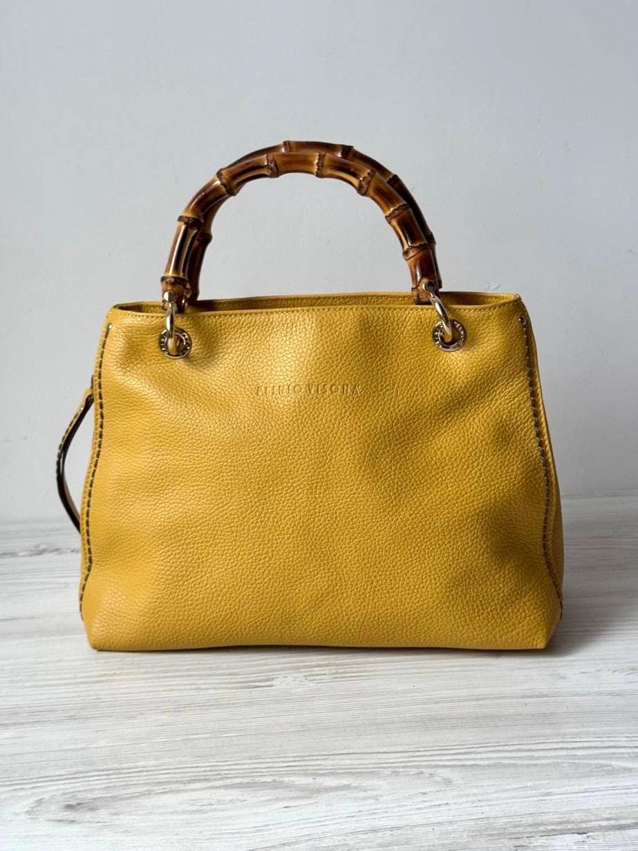 PLINIO VISONA プリニオヴィソナ バッグ 本革 マスタードイエロー Plinio Visona Bamboo Tote Woman Bag Handbag Soft Genuine Leather