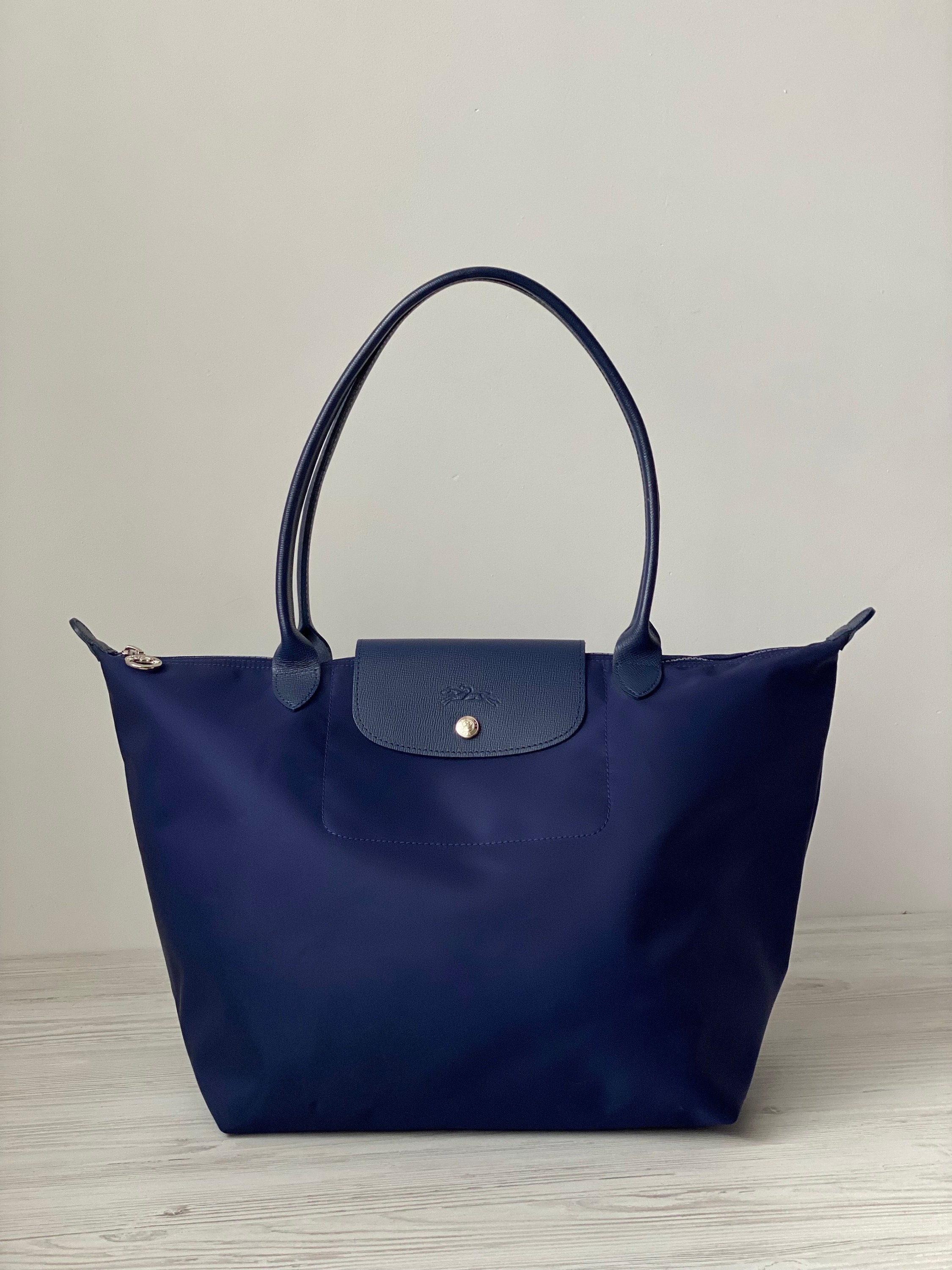Longchamp Paris Modele Depose Bag Tote Size Medium Large Shopping Handbag Genuine Leather Canvas Trim Dark Blue Color Luxury Etsy UK