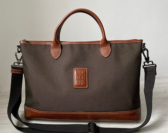Longchamp Paris BOXFORD S BRIEFCASE Messenger Crossbody bag with Genuine Leather trim Brown Canvas