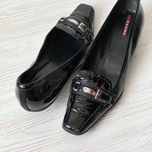 PRADA Sport Vintage Heels Buckle Linea Rossa Rubber Sole Kitten Heel Patent Genuine Leather Black Color woman shoes size 40 Italy Luxury
