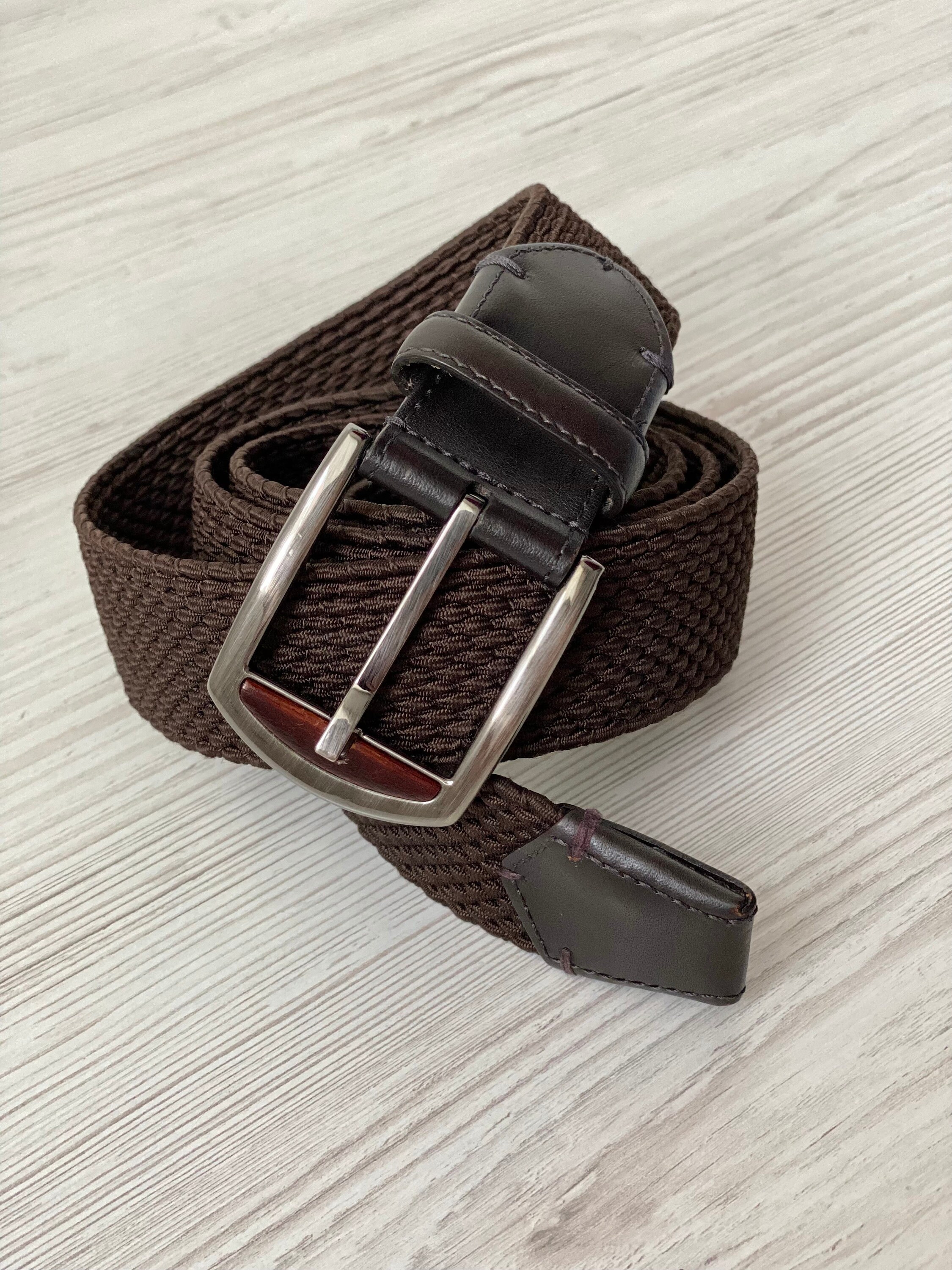 EZ エルメネジルド ゼニア 伸縮性のあるレーヨン編みベルト 本革トリム