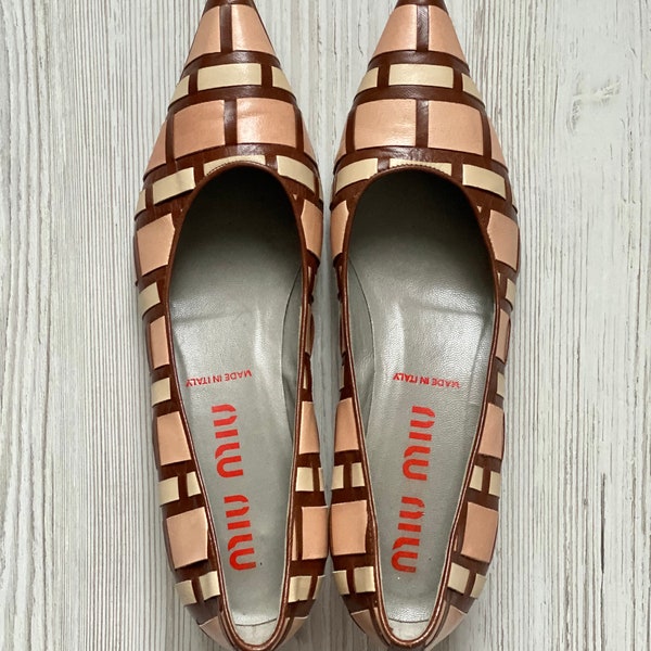 MIU MIU Vintage Pumps Heels Flats Genuine Leather woman shoes size 37.5 Italy Luxury