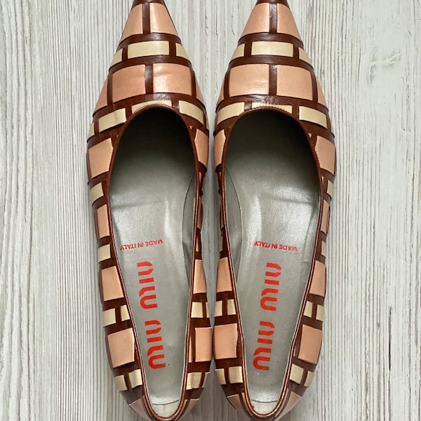 MIU MIU Vintage Pumps Heels Flats Genuine Leather woman shoes size 37.5 Italy Luxury