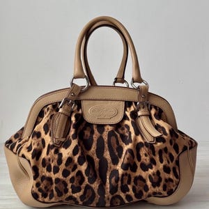 DOLCE & GABBANA Tote Hand Bag Shoulder Woman Caramel Brown Leopard Print Textile with Genuine Leather Canvas Trim Italy Luxury Vintage