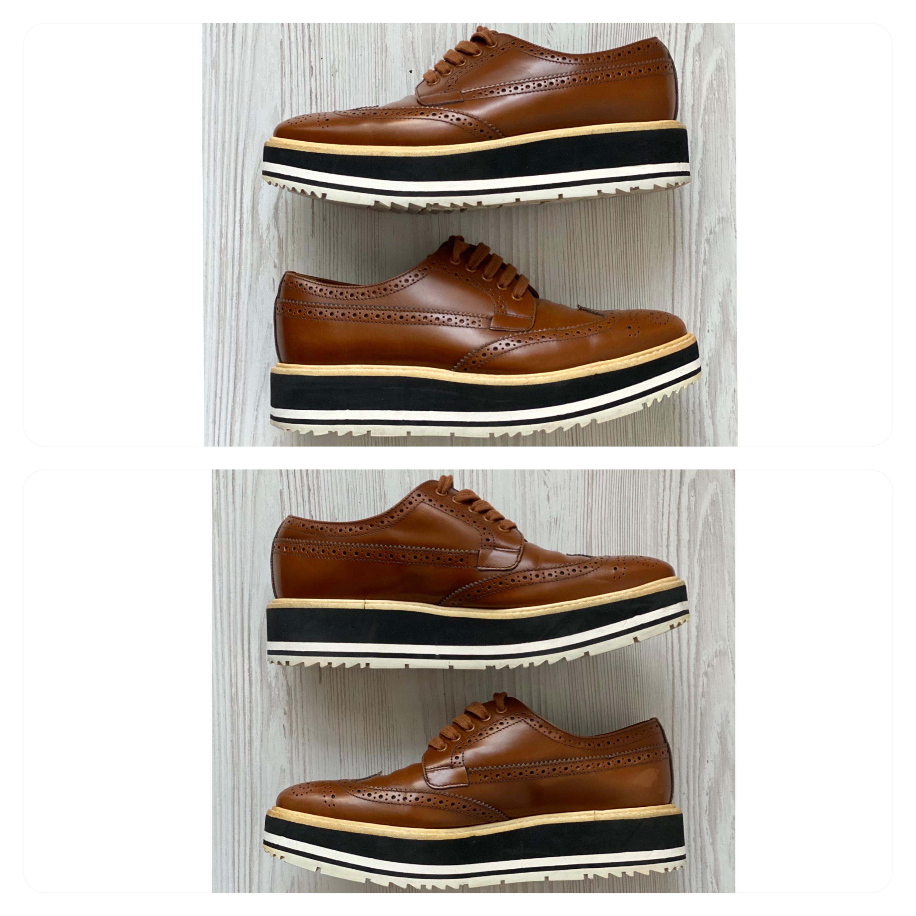 PRADA Brogue Genuine Leather Wingtip Platform Derby Sneakers