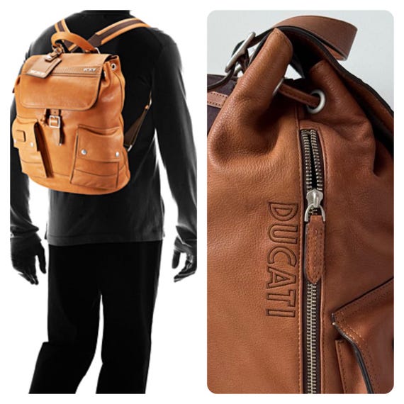 TUMI x Ducati バックパック パッチ付き 本革 ブラウンカラー 男女兼用