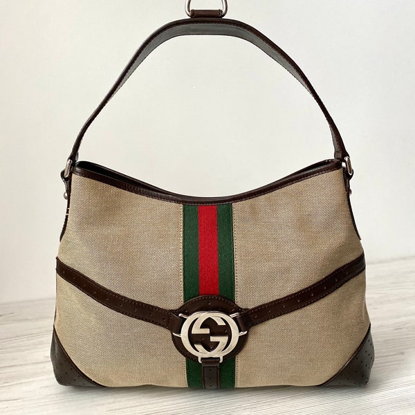 Gucci Reins Hobo hand bag GG 114879 002214 with Genuine Brown Leather trim canvas vintage luxury shoulder woman Italy
