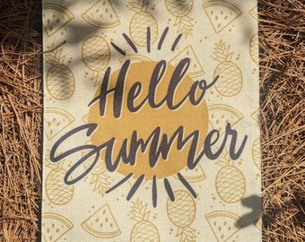 Hello Summer Burlap Garden Flag Welcome Yard Flag 12 x 18 double sided farmhouse pineapple watermelon