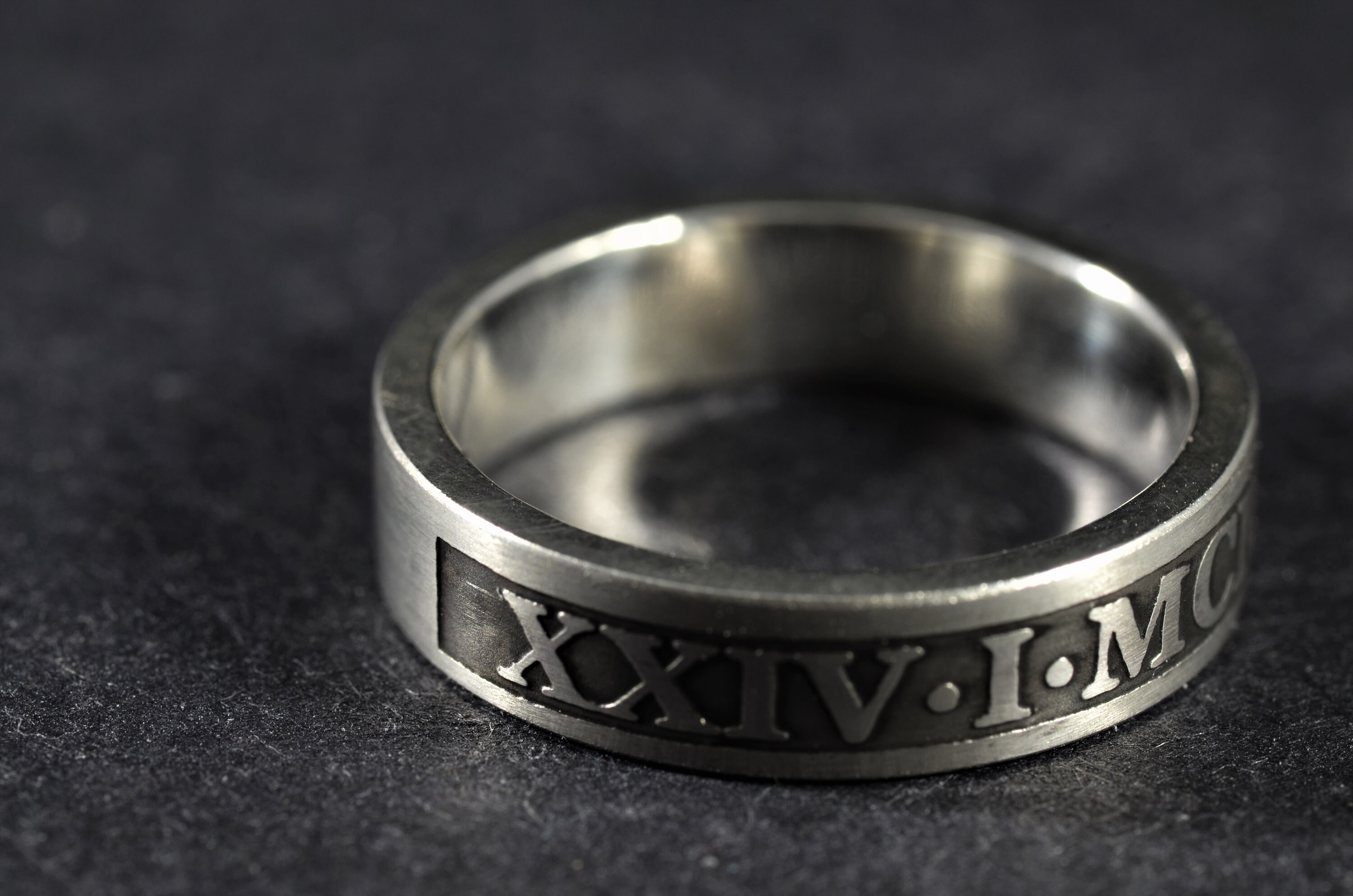 Ring: Roman Numeral Date | 5mm wide band, personalised ring, special date, etched silver, alternative wedding band, thumb ring