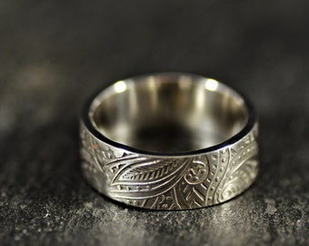 Paisley Sterling Silver Ring 8mm Wide |  personalised ring, eternity ring, wedding ring, psychedelic ring.