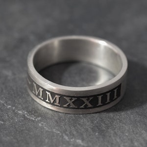 Roman Numeral Date Ring: Personalized 7mm Silver Wedding Band