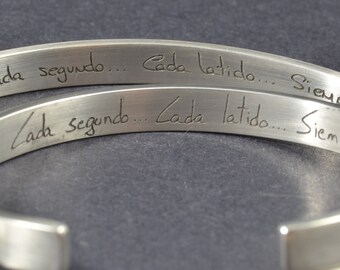 Personalized Sterling Silver Cuff Bangle with Handwriting Etching for Men and Women
