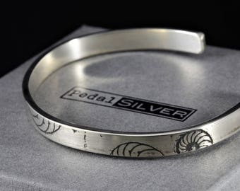 Nautilus Etched Sterling Silver Cuff Bracelet, Personalized Torque Jewelry Gift