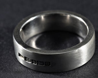 Heavy Wide Ring with feature hallmark | 7x2.5mm wide band, mens silver ring, brushed silver ring