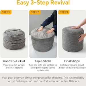 May include: A three-step instructional graphic for a grey corduroy pouf ottoman. Step 1 shows the compressed pouf. Step 2 shows the pouf being tapped to expand. Step 3 shows the fully expanded cylindrical pouf. Text includes Easy 3-Step Revival.