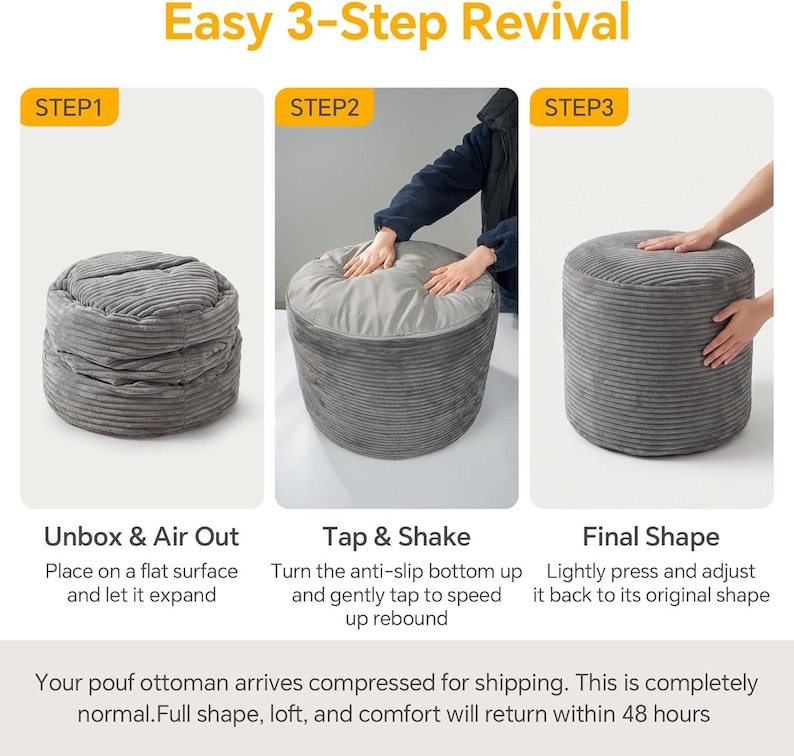 May include: A three-step instructional graphic for a grey corduroy pouf ottoman. Step 1 shows the compressed pouf. Step 2 shows the pouf being tapped to expand. Step 3 shows the fully expanded cylindrical pouf. Text includes Easy 3-Step Revival.