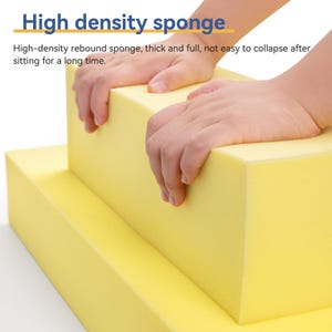 May include: A close-up of yellow high-density sponge blocks. The text "High density sponge" is at the top of the image. The text below reads "High-density rebound sponge, thick and full, not easy to collapse after sitting for a long time."
