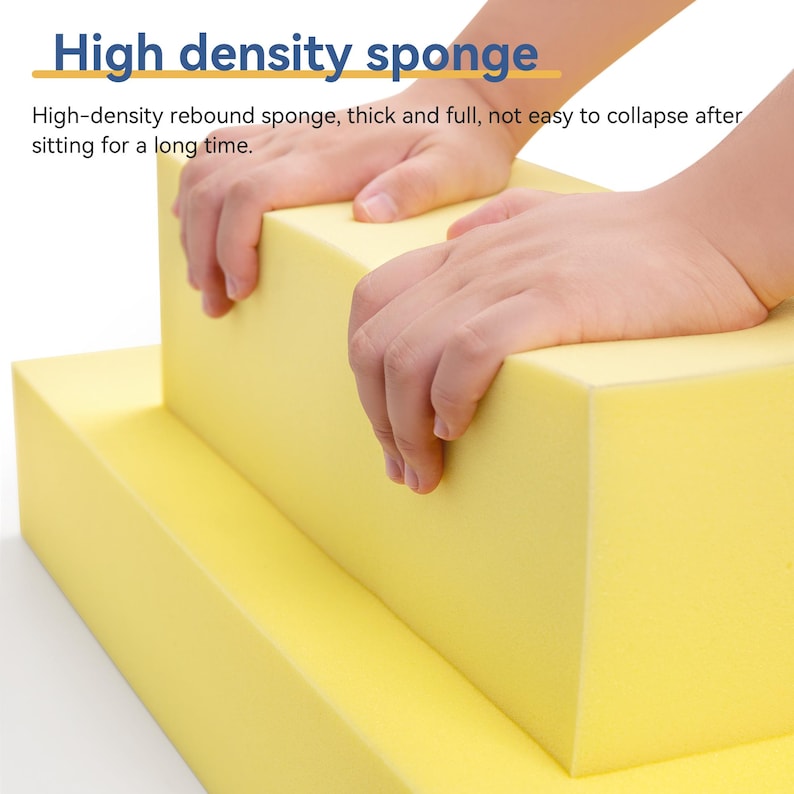 May include: A close-up of yellow high-density sponge blocks. The text "High density sponge" is at the top of the image. The text below reads "High-density rebound sponge, thick and full, not easy to collapse after sitting for a long time."