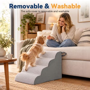Op de afbeelding: Een drietredige trap voor huisdieren met een lichtgrijs getextureerd bovenoppervlak en effen grijze zijkanten. De tekst Removable & Washable staat bovenaan, gevolgd door de zin The sofa cover is removable and washable.