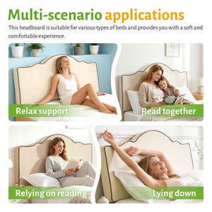 May include: A beige headboard with a curved top and brown trim is shown in multiple scenarios. The text "Multi-scenario applications" is at the top. The headboard is suitable for various types of beds and provides a soft and comfortable experience.
