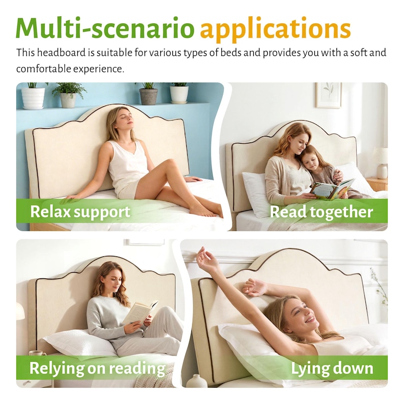 May include: A beige headboard with a curved top and brown trim is shown in multiple scenarios. The text "Multi-scenario applications" is at the top. The headboard is suitable for various types of beds and provides a soft and comfortable experience.