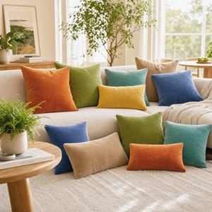 Puede incluir: Una colección de cojines cuadrados y rectangulares en varios colores sólidos, incluyendo naranja, verde oliva, verde azulado, amarillo mostaza, azul y beige. Los cojines presentan un acabado de tela texturizada y están dispuestos sobre un sofá claro.