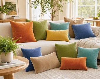 Puede incluir: Una colección de cojines cuadrados y rectangulares en varios colores sólidos, incluyendo naranja, verde oliva, verde azulado, amarillo mostaza, azul y beige. Los cojines presentan un acabado de tela texturizada y están dispuestos sobre un sofá claro.