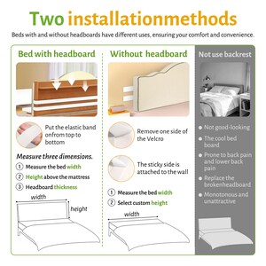 May include: Diagram illustrating two bed installation methods: with and without a headboard. Instructions include measuring bed width, height, and headboard thickness. The image also shows how to attach the headboard using elastic bands or Velcro.