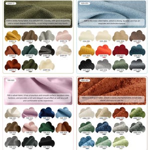 May include: A product display featuring fabric swatches in various colors and textures. The swatches include teddy hemp, cross-stitch, velvet, and seal print fabrics. Each swatch is labeled with a unique code, and some include descriptive text.
