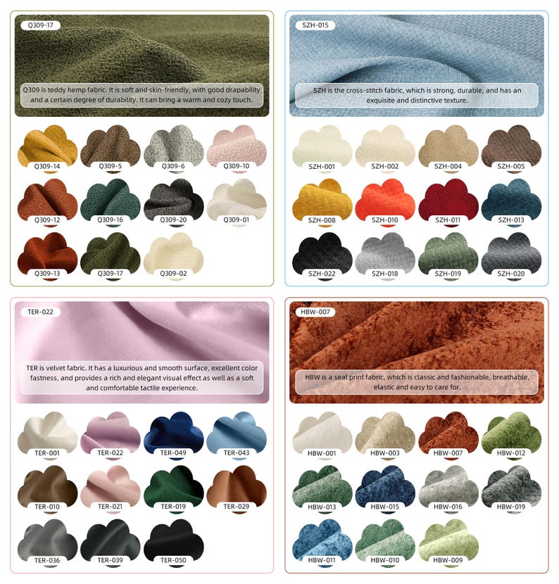 May include: A product display featuring fabric swatches in various colors and textures. The swatches include teddy hemp, cross-stitch, velvet, and seal print fabrics. Each swatch is labeled with a unique code, and some include descriptive text.