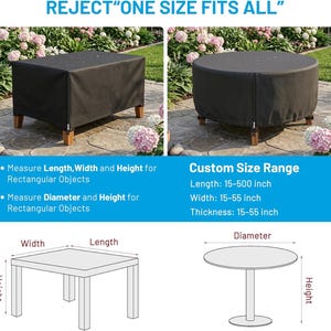 Puede incluir: Una funda rectangular negra para muebles y una funda circular negra. El texto incluye REJECT ONE SIZE FITS ALL, Custom Size Range, Length 15-500 inch, Width 15-55 inch, Thickness 15-55 inch, y diagramas que muestran las dimensiones.