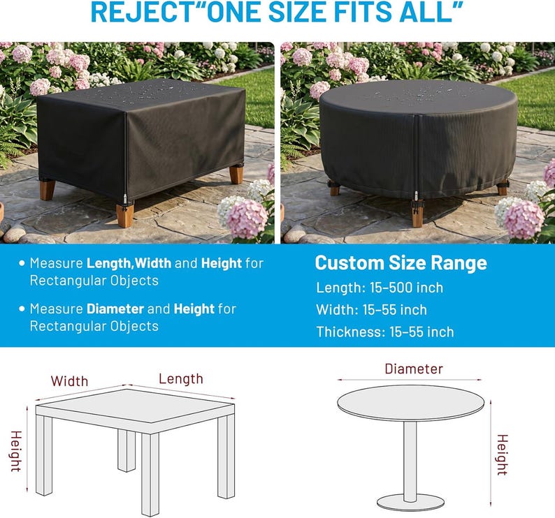 Puede incluir: Una funda rectangular negra para muebles y una funda circular negra. El texto incluye REJECT ONE SIZE FITS ALL, Custom Size Range, Length 15-500 inch, Width 15-55 inch, Thickness 15-55 inch, y diagramas que muestran las dimensiones.