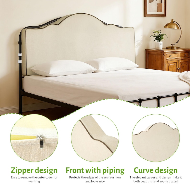 May include: A bed frame with a cream-colored headboard featuring a curved design and black trim. The bed has a black metal frame and is made up with white sheets and pillows. The headboard has a zipper design for easy cover removal.